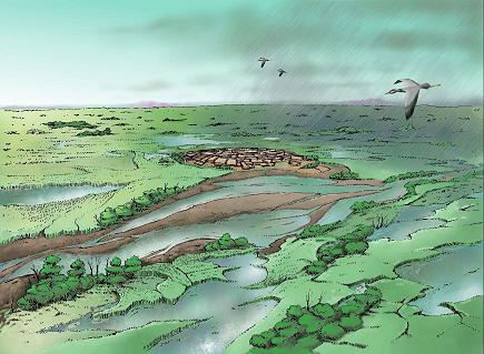 Artist's reconstruction of the site during spring floods (John-Gordon Swogger 2001)