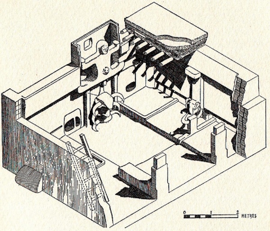 Reconstruction of the north and west walls of a Çatalhöyük building. Illustration by Grace Huxtable.