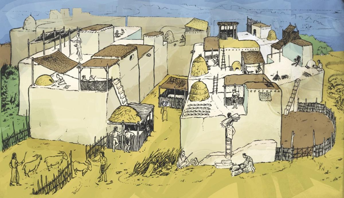 Reconstruction of Ҫatalhöyük showing the importance of the roof spaces. Illustration by John Swogger.